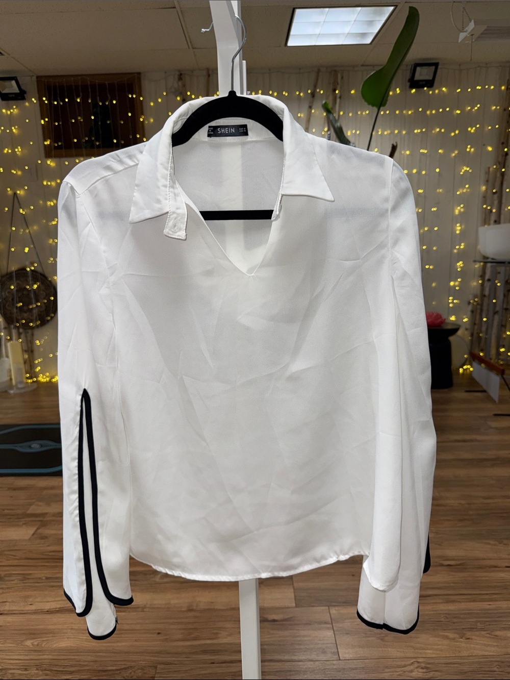 SHEIN White V-Neck Collar Blouse with Black Trim